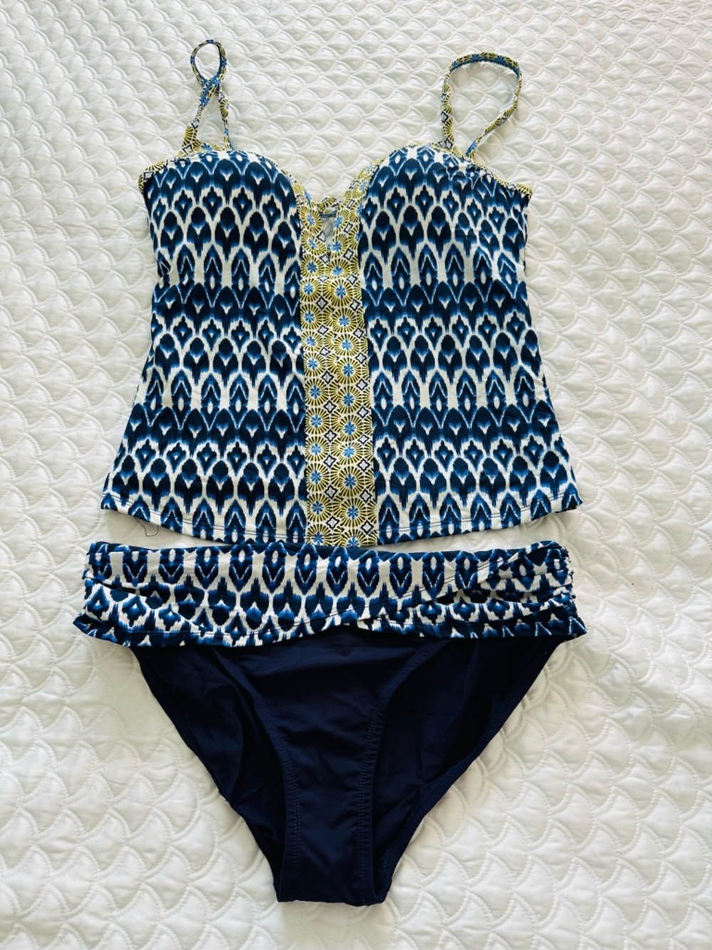 Blue Patterned Tankini Set with Yellow Accent